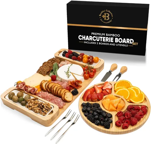 Vista 9 de Tablas de charcutería – Juego de regalo grande de tabla de queso de bambú con bandeja para servir, cuchillos y cuencos para carne, queso y galletas