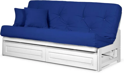 Vista 30 de Juego de futón Nirvana Futons Arden blanco, completo o queen, marco de futón de madera sin brazos con colchón incluido, cómodo, ahorro de espacio