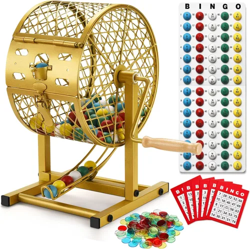 AugFir Juegos de bingo de 12.6 pulgadas de alto con jaula de acero, juego de bingo profesional para adultos/niños, incluye fichas de colores, 30