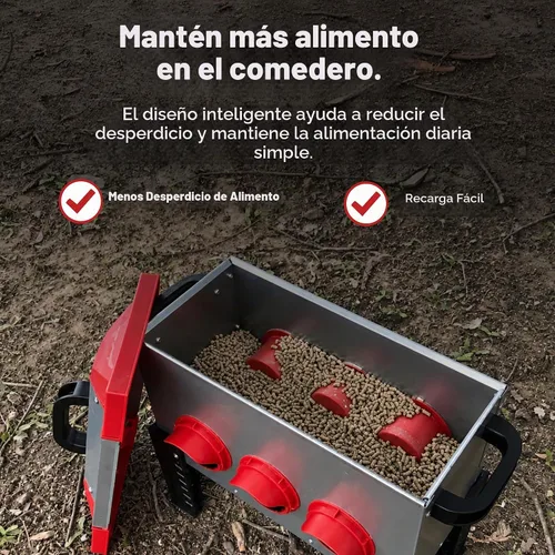 Vista 6 de RentACoop - Comedero metálico para aves de corral de 15 libras con 6 puertos y patas ajustables