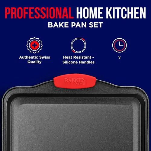 Vista 3 de Bandeja antiadherente para galletas de acero al carbono, bandeja de horno con asas de silicona rojas - Bandeja pequeña para hornear