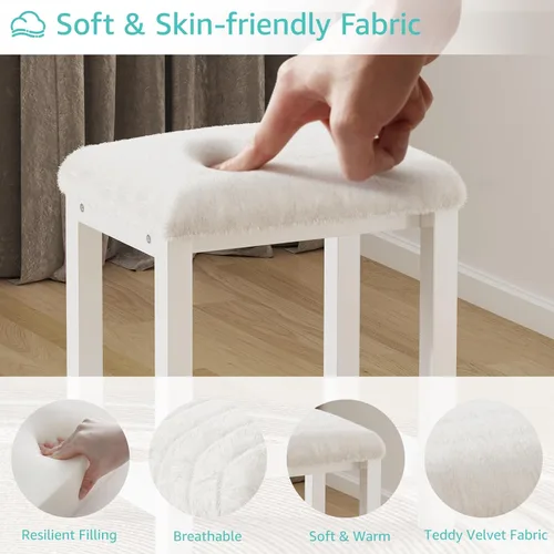 Vista 7 de Taburete Pequeño de Tocador, Lindos Taburetes de Tocador con Suave Cojín de Pelo Sintético de Conejo, Silla de Maquillaje Blanca para Espacios