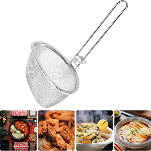 Vista 8 de Hemoton Cuchara coladora de olla caliente de acero inoxidable de 9.64 x 5.51 pulgadas, cuchara ranurada de malla fina con mango para colgar