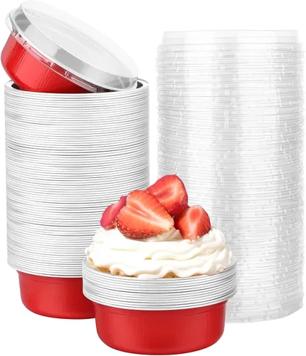 Vista 28 de Beasea Tazas de Ramekin de Aluminio con Tapa, 50 Unidades 6.1oz 180ml Mini Ramekins Desechables de Aluminio para Horno, Tazas Redondas para Cupcakes