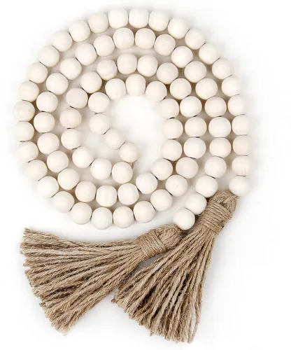 Vista 9 de Guirnalda de cuentas de madera de 58 pulgadas con borlas, decoración rústica de granja, decoración de oración bohemia para colgar en la pared (negro)