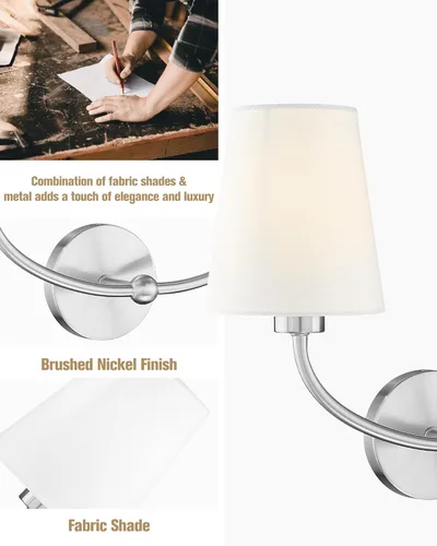 Vista 3 de Emak Lámpara de baño de 2 luces, moderna lámpara de tocador de níquel cepillado con pantalla de tela, apliques de pared para baño, sala de estar