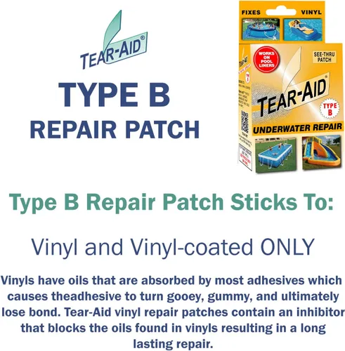 Vista 2 de TEAR-AID Kit de reparación subacuática, parche transparente tipo B para materiales recubiertos de vinilo y vinilo, repara grietas submarinas
