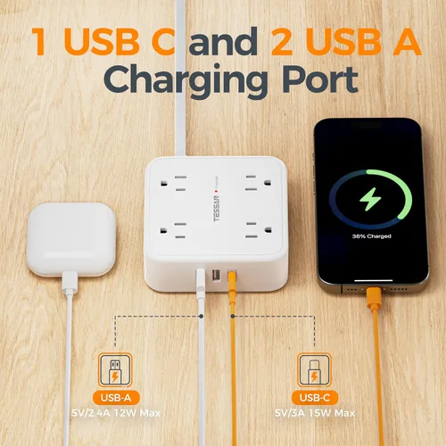 Vista 5 de Tessan Enchufe múltiple para sobretensión, 900 J, cable plano, 5 ft, 8 tomacorrientes, 3 puertos USB (1 USB C), extensor 3 lados, suministros
