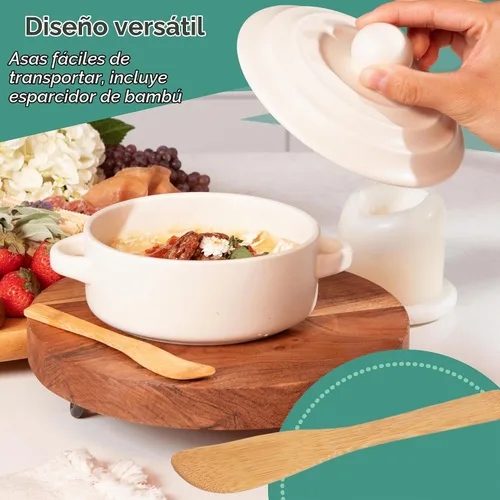 Vista 4 de Plato y calentador de queso Brie de gres con tapa, apto para horno, ideal para tabla de embutidos y accesorios de mesa de pastoreo, perfecto