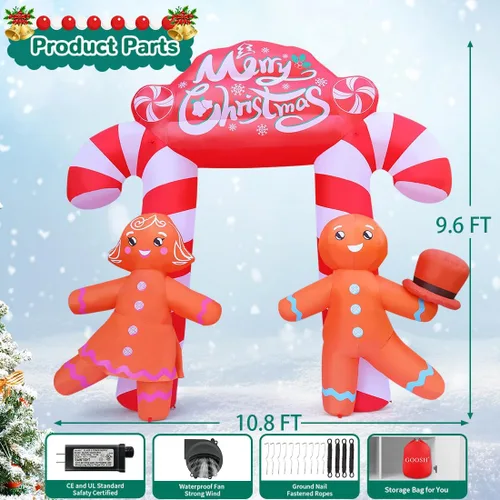 Vista 6 de GOOSH Arco inflable de Navidad de 9.6 pies para decoración al aire libre, bonito arco de bastón de caramelo con pareja de pan de jengibre con LED