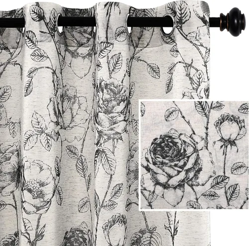 H.VERSAILTEX Cortinas de lino floral boho, cortinas semitransparentes para filtrar la luz, cortinas de 63 pulgadas de largo, juego de 2 paneles,