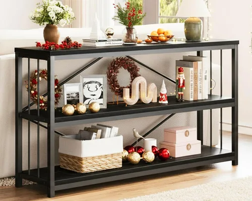 Vista 13 de LVB Mesa consola industrial, mesa de sofá de metal y madera, mesa de entrada rústica con almacenamiento, moderno estante de 3 niveles mesa larga