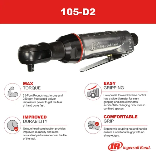 Vista 2 de Ingersoll Rand 105-D2 - Llave de carraca neumática de 1/4 pulgada, torque de 25 pies-libra, 250 RPM