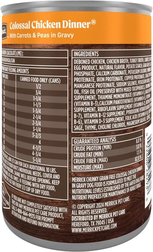 Vista 11 de Merrick Chunky Colossal Chicken Dinner - Comida húmeda sin cereales para perros, comida enlatada para perros, (12) latas de 12.7 onzas