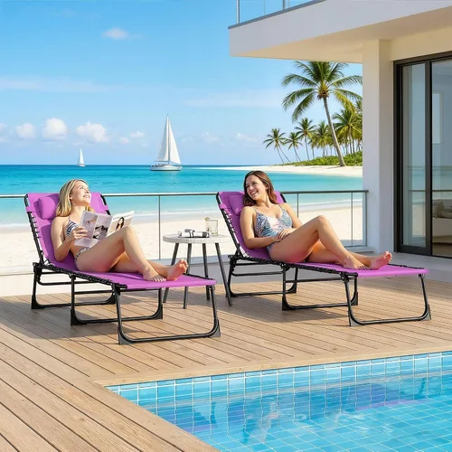 Vista 7 de Folding Chaise Lounge Set (2): Purple, 4-Position Recliner, Breathable Mesh & Bungee Suspension, Powder-Coated Steel, 74.5" L