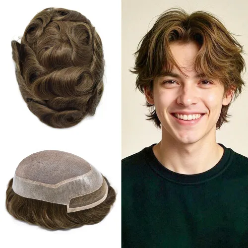 Vista 28 de Toupee - Sistema de cabello humano de repuesto con encaje frontal para hombre, extensiones de pelo tipo tupé mono PU para hombres