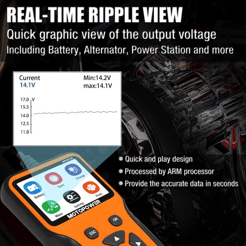 Vista 6 de MOTOPOWER MP0515A 12V Probador de batería de automóvil Automotriz 100-2000 CCA Probador de carga de batería de arranque automático y sistema