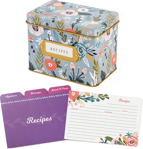 Jot & Mark Caja de regalo para tarjetas de recetas, 25 tarjetas de 4 x 6 pulgadas, 14 divisores, caja de lata decorativa - Lata de recetas