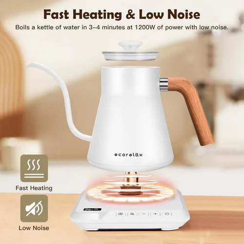 Vista 2 de ECORELAX Hervidor eléctrico de cuello de cisne, control de temperatura de 1 para café, té y agua, acero inoxidable 1200 W mantiene el calor