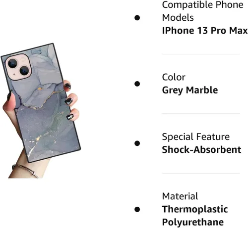 Vista 8 de Funda cuadrada para iPhone 13 Pro Max, diseño cuadrado de mármol gris para iPhone 13 Pro Max, fundas para niñas y mujeres, funda delgada de silicona