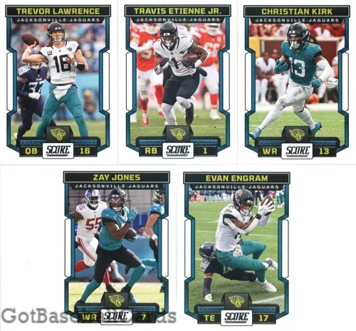 2023 Score Veteran Jacksonville Jaguars Team Set of 10 Cards: Trevor Lawrence(#17), Travis Etienne Jr.(#18), Christian Kirk(#19), Zay Jones(#20),