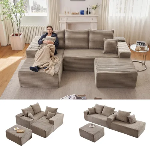 Vista 52 de Sofá modular Cloud de 95 pulgadas con otomana, moderno sofá nube en forma de U con asiento profundo, cómodo sofá de pana de 3 plazas, sofá de espuma