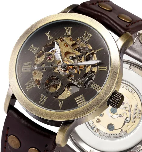 Vista 2 de FANMIS Reloj de pulsera de cuero marrón mecánico automático de esqueleto de bronce steampunk para hombre, Marrón, Mecánico, Automático
