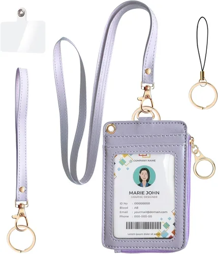 Vista 14 de bolimoss Soporte para tarjeta de identificación con cordón para el cuello, cartera de piel sintética, cordón rosa con soporte para identificación