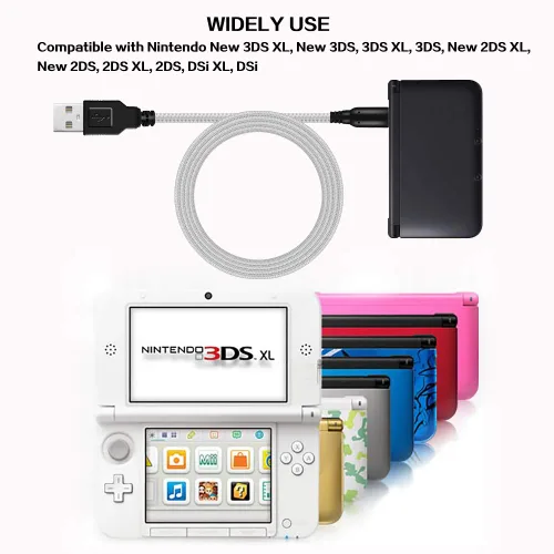 Vista 4 de Paquete de 2 cables de carga USB 3DS2DS de 5 pies cable de carga de alimentación trenzado de nailon compatible con Nintendo New 3DS XLNew 3DS3DS