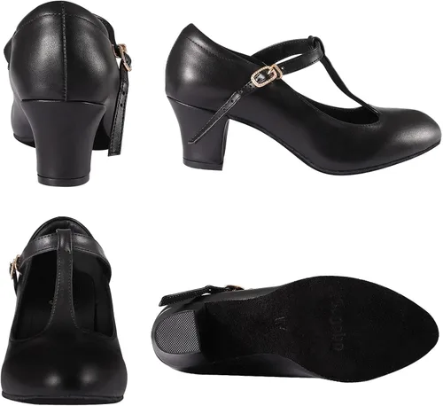 Vista 3 de Zapatos de carácter con correa en T para mujer, tacones de baile de salón latino, bombas de boda negras
