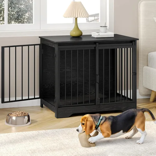 Vista 13 de Mueble de jaula para perros de 27.2 pulgadas con puerta de granero, perrera resistente para interiores con 2 puertas, mesa auxiliar jaula de madera