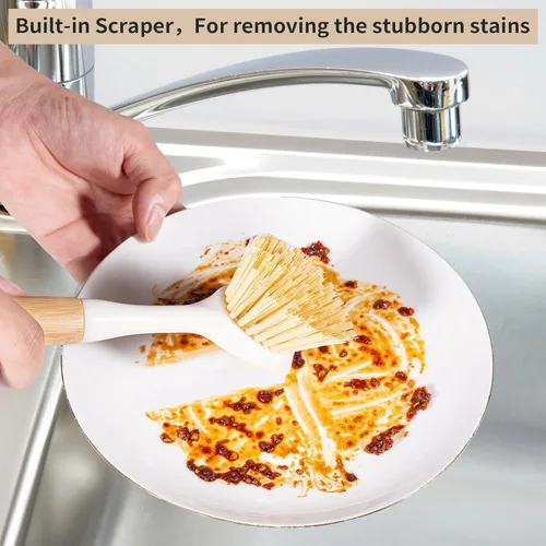 Vista 3 de Cepillo de Cocina para Platos y Hierro Fundido con Raspador, [Paquete de 2] Limpiador de Sartén con Mango, Estropajo de Limpieza de Cocina