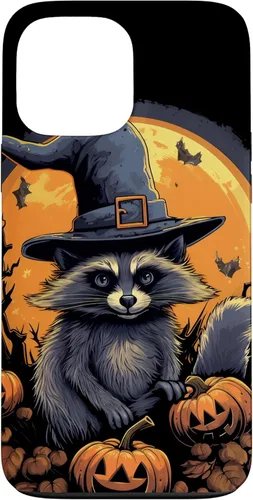 Vista 23 de iPhone 16 Raccoon Witch Hat Pumpkins Halloween Costume Case