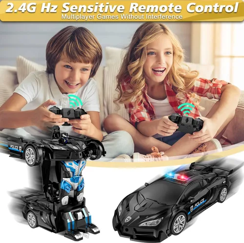 Vista 3 de Coche de control remoto con transformación de un botón, autos RC que se transforman en auto robot, 2.4GHz rotación de 360 grados coche de policía