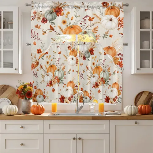 Vista 2 de Thanksgiving Fall Swag Kitchen Curtain Sets with Valance, Orange White Pumpkins 3 Pieces Curtain Drapes Rod Pocket for Bedroom Living Room Bathroom