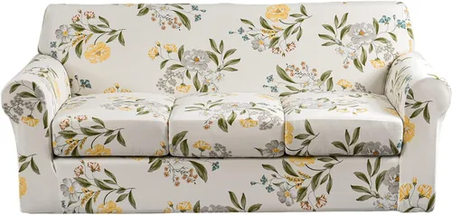 Vista 60 de KRFOONN Funda de sofá de 4 piezas con estampado para sofás de 3 cojines, funda elástica con 3 fundas de cojín separadas, protector de muebles