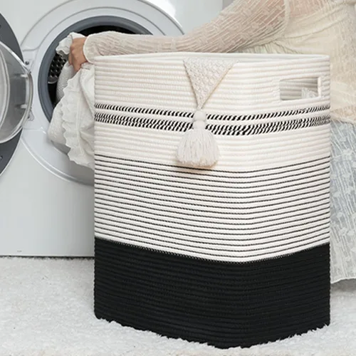 Vista 5 de Cesta de Ropa Sucia, Cesta de Lavandería Grande de Cuerda Tejida Alta con Asas, 22" X 17" X 13", Cesta de Almacenamiento Decorativa para Ropa