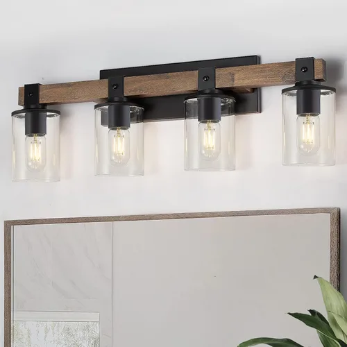 Vista 11 de DUJAHMLAND Lámpara de tocador de granja, lámpara de pared de madera de baño de 3 luces sobre espejo con pantalla de vidrio transparente, iluminación