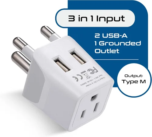 Vista 2 de Adaptador de viaje Ceptics, de EE. UU. a Japón, Filipinas, con doble USB, tipo A, ultra compacto Tipo M - Suráfrica