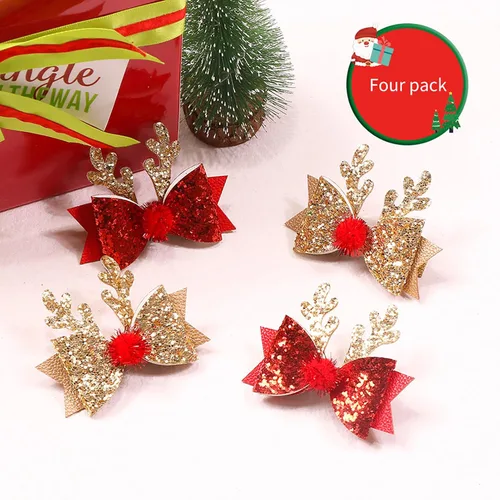 Vista 5 de 4 Piezas Pinzas para el Cabello de Navidad Accesorios para el Cabello con Moño Navideño Lindas Astas de Reno Orejas Lentejuelas con Purpurina