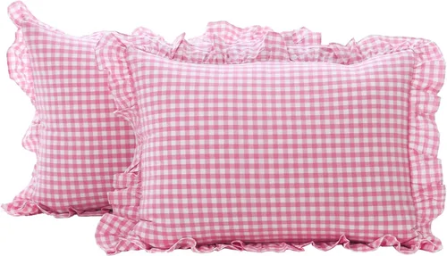 Vista 46 de Paquete de 2 fundas de almohada europeas a cuadros azul polvoriento, blanco, a cuadros, 100% algodón lavado, a cuadros, estilo francés, rústico