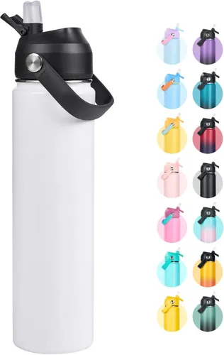 Vista 27 de Fijinhom Botella de agua aislada de 18 onzas con 2 tapas, botellas de agua de acero inoxidable, aspiradora de doble pared, mango portátil y parte