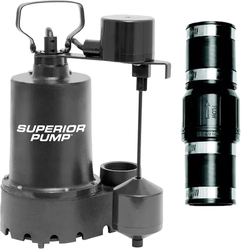 Superior Pump 92053 Bomba sumergible de sumidero de hierro fundido con interruptor vertical, más válvula de retención de bota de goma de 1-1/2