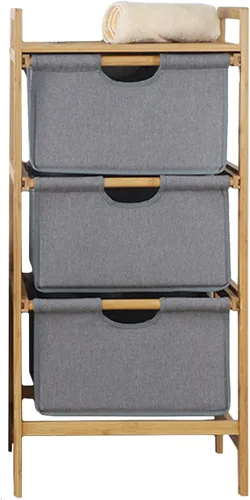 Vista 8 de Organizador de lavandería de bambú independiente de 3 secciones, organizador de cesta de ropa dividida con cajones extraíbles para dormitorio