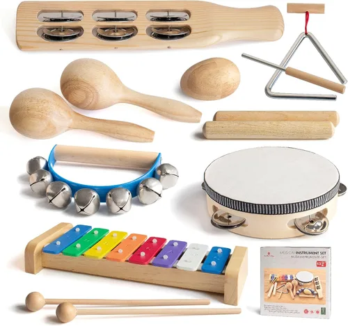 MUSICUBE Juego de instrumentos musicales para niños pequeños, instrumentos de percusión de madera, juguetes musicales, xilófono, maracas, huevo,