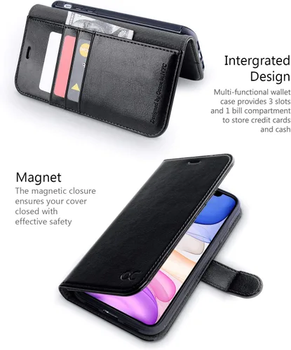 Vista 3 de OCASE Funda tipo cartera compatible con iPhone 11 con tarjetero y soporte para tarjetas, funda de piel sintética con función atril y cierre