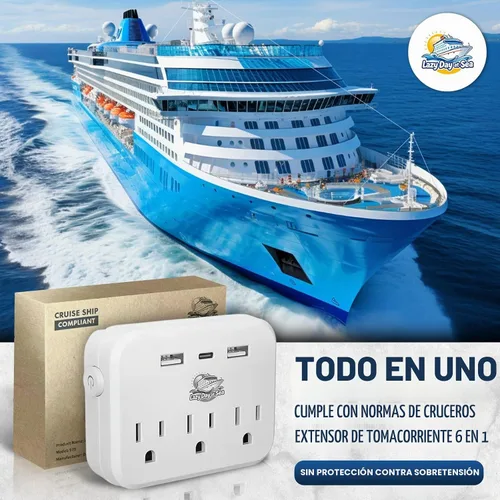 Vista 3 de Regleta de alimentación sin sobretensión (6 en 1) compatible con cruceros con 3 salidas de CA, 2 puertos USB y 1 USB-C, 2500W, carnaval, noruego