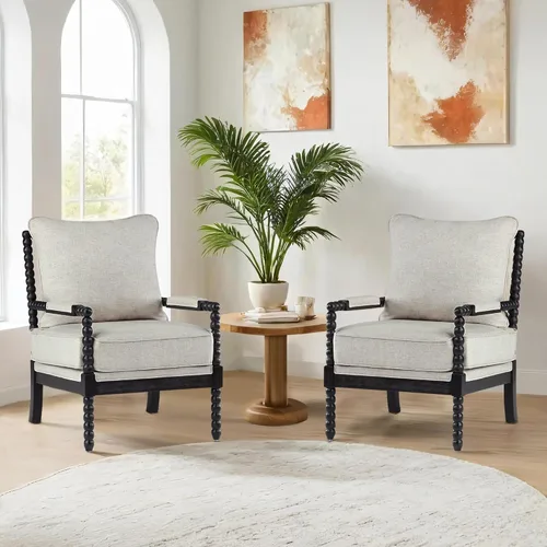 Vista 10 de DUHOME Silla decorativa de tela de lino con marco de madera, sillas de carrete de acento modernas con asiento de resorte acolchado y base azul