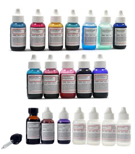 ALDON Innovating Science - Kit completo de manchas de microscopio - 19 productos químicos en botellas con cuentagotas de 1.0 fl oz - Incluye manchas