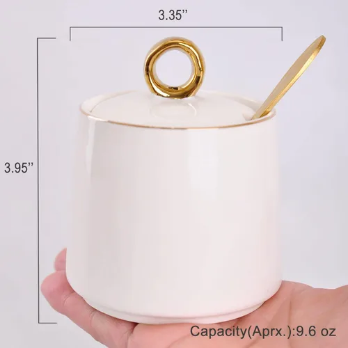 Vista 2 de WHJY Azucarero de cerámica con tapa y cuchara, recipiente de sal de porcelana transparente blanca simple, recipiente de sal, caja de especias